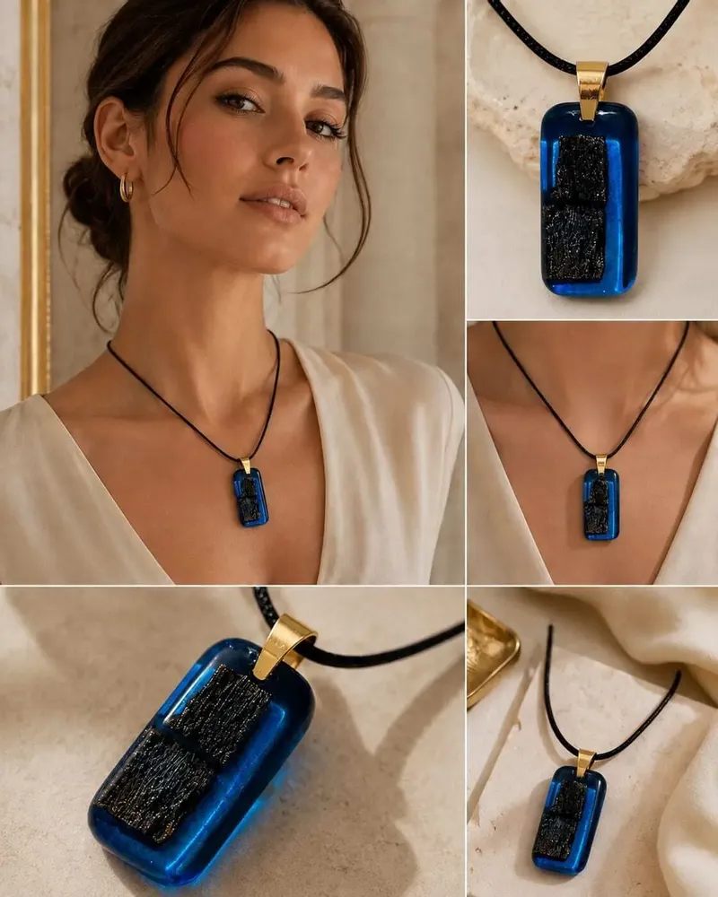 Jewelry - Bog Oak & Resin Pendant Necklace – Rectangle – Blue Rectangle - GLASS4CANDLES