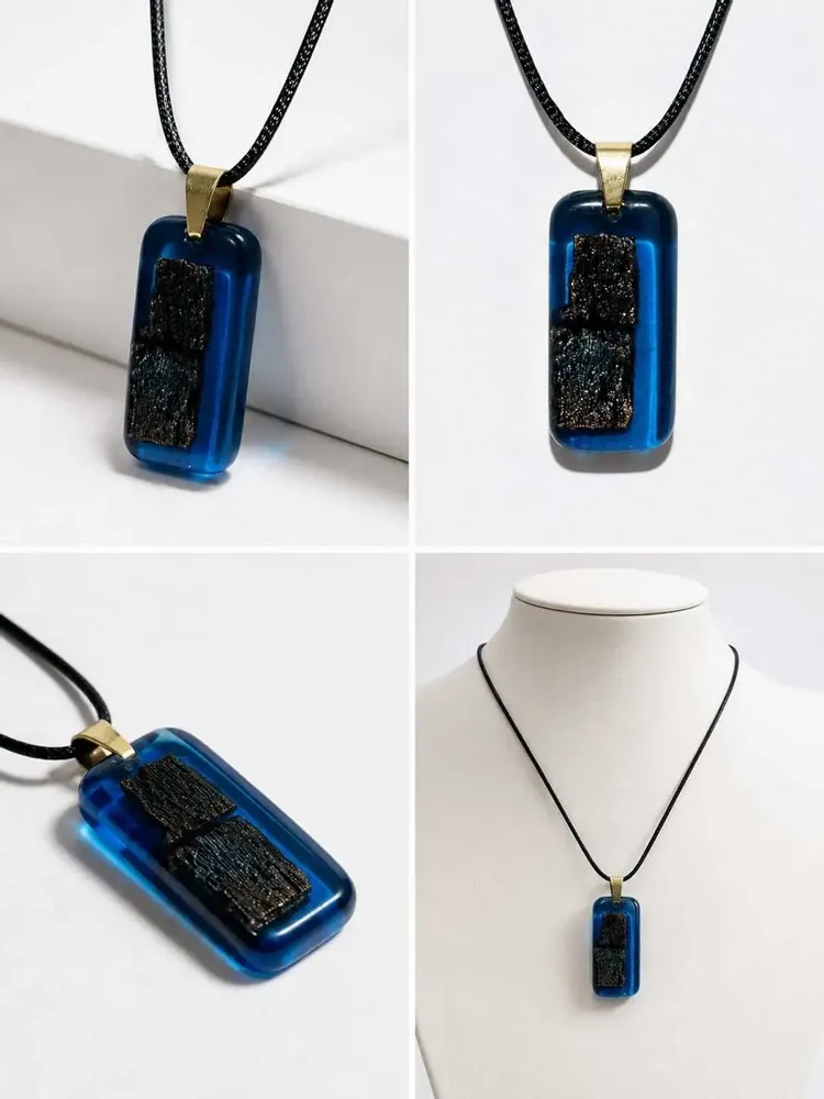 Jewelry - Bog Oak & Resin Pendant Necklace – Rectangle – Blue Rectangle - GLASS4CANDLES