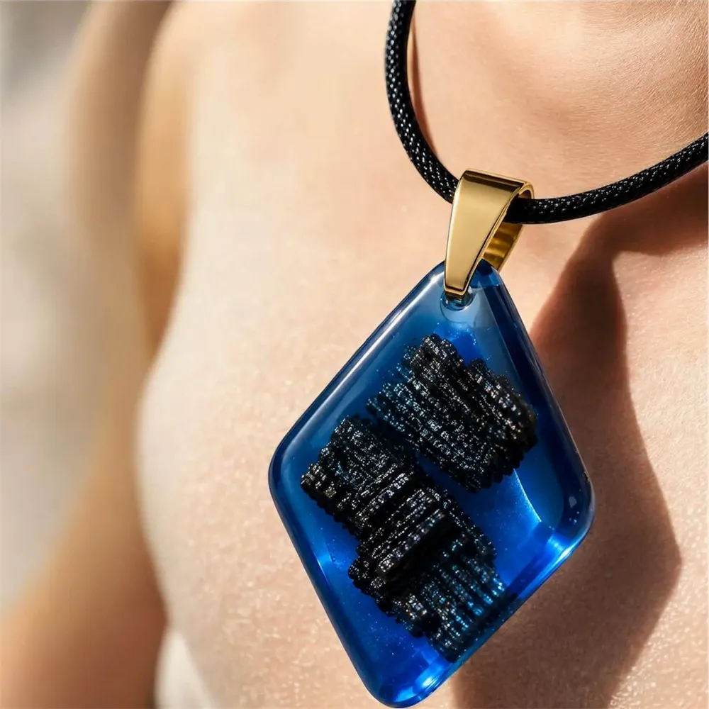 Jewelry - Bog Oak & Resin Pendant Necklace – Diamond – Blue Geometric - GLASS4CANDLES