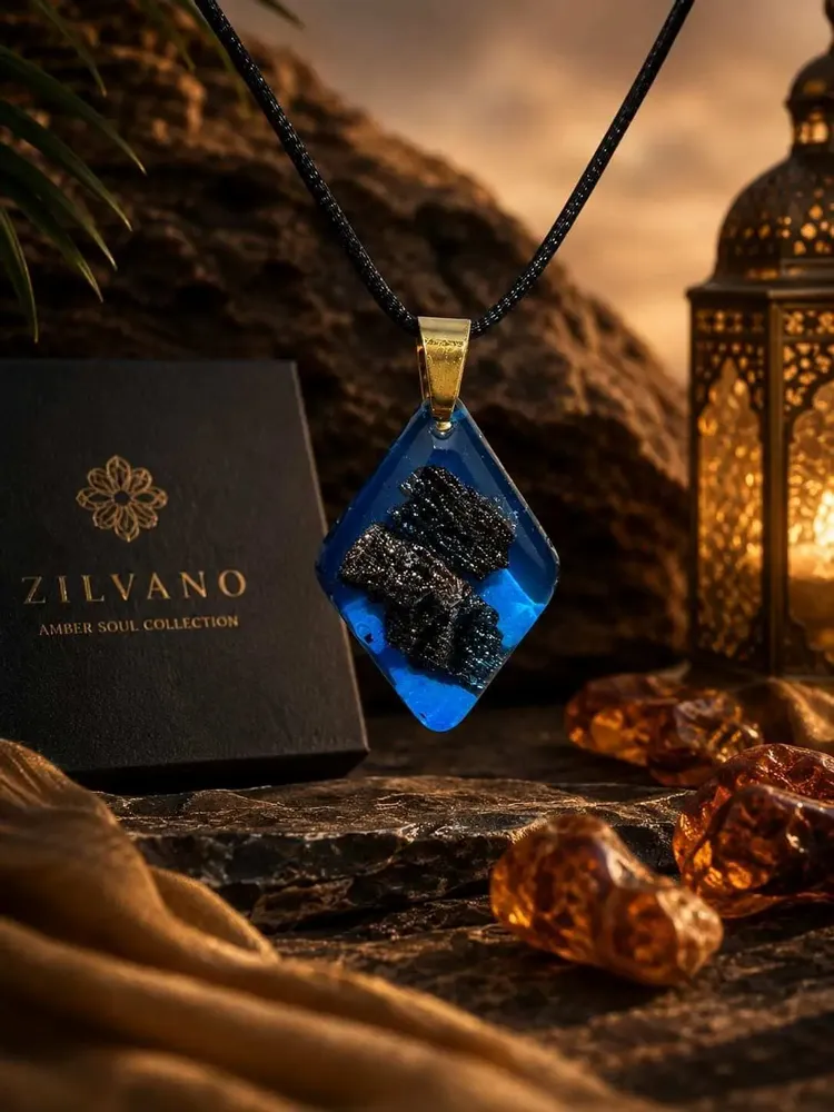 Jewelry - Bog Oak & Resin Pendant Necklace – Diamond – Blue Geometric - GLASS4CANDLES