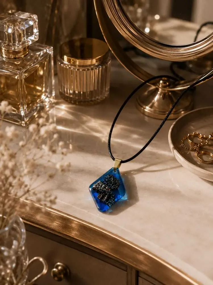 Jewelry - Bog Oak & Resin Pendant Necklace – Diamond – Blue Geometric - GLASS4CANDLES