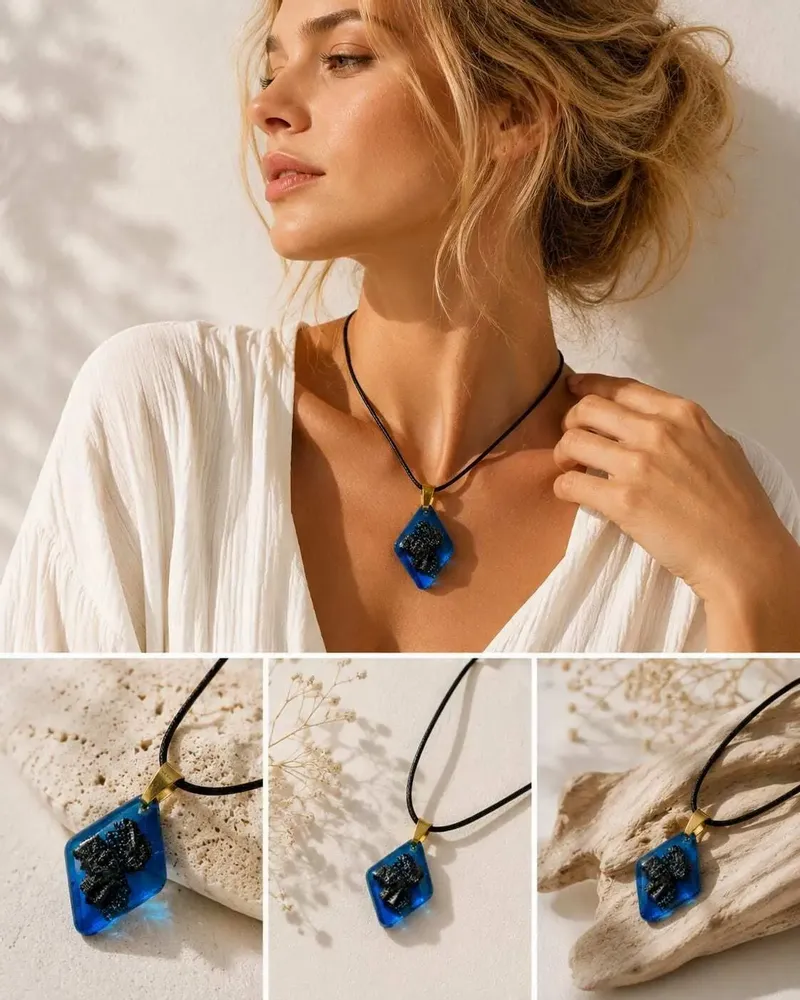 Jewelry - Bog Oak & Resin Pendant Necklace – Diamond – Blue Geometric - GLASS4CANDLES