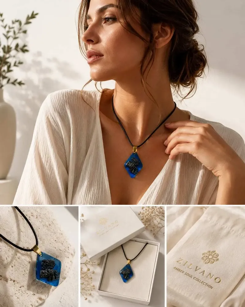 Jewelry - Bog Oak & Resin Pendant Necklace – Diamond – Blue Geometric - GLASS4CANDLES
