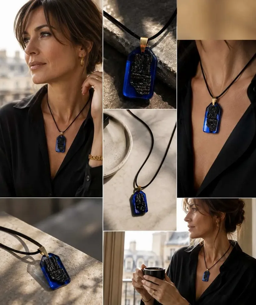 Jewelry - Bog Oak & Resin Pendant Necklace – Rectangle – Blue Peaked Rectangle - GLASS4CANDLES