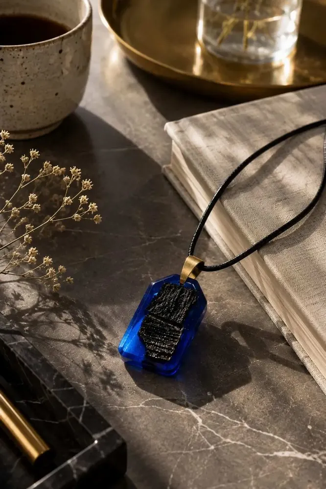 Jewelry - Bog Oak & Resin Pendant Necklace – Rectangle – Blue Peaked Rectangle - GLASS4CANDLES