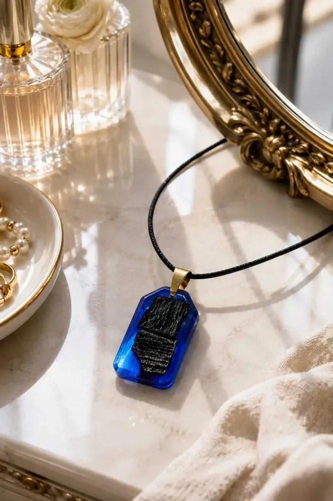 Jewelry - Bog Oak & Resin Pendant Necklace – Rectangle – Blue Peaked Rectangle - GLASS4CANDLES