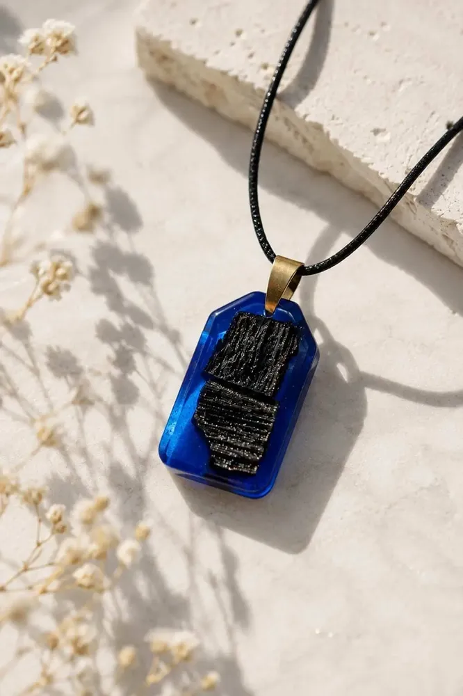 Jewelry - Bog Oak & Resin Pendant Necklace – Rectangle – Blue Peaked Rectangle - GLASS4CANDLES