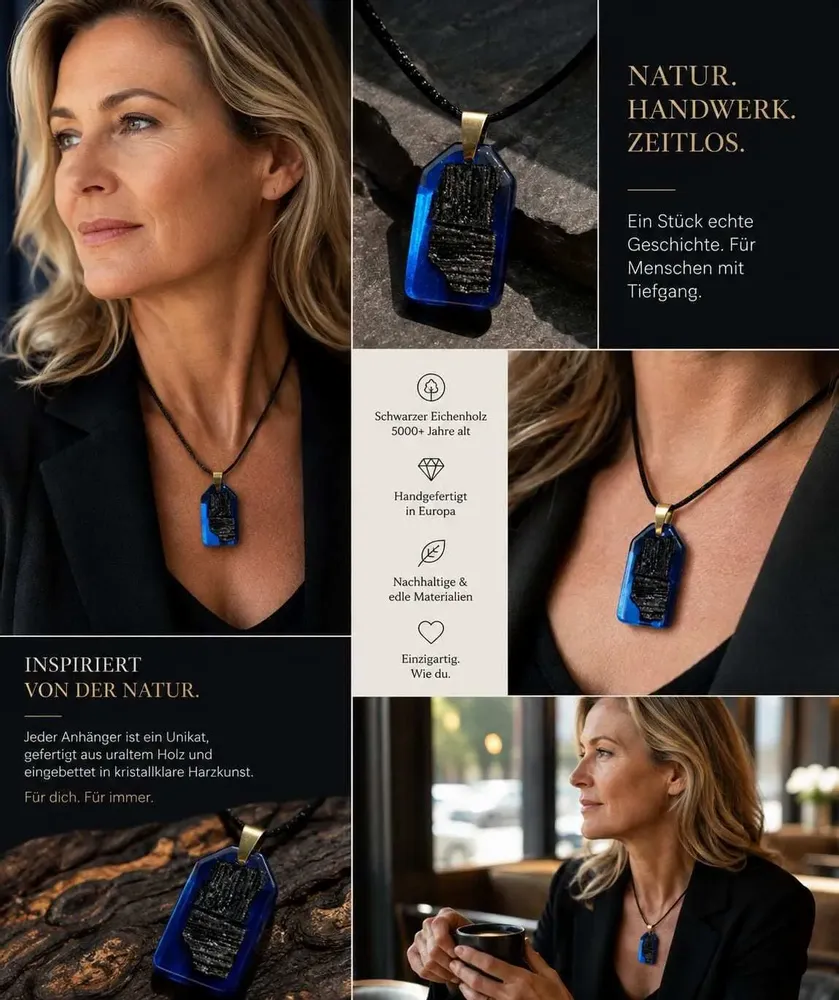 Jewelry - Bog Oak & Resin Pendant Necklace – Rectangle – Blue Peaked Rectangle - GLASS4CANDLES