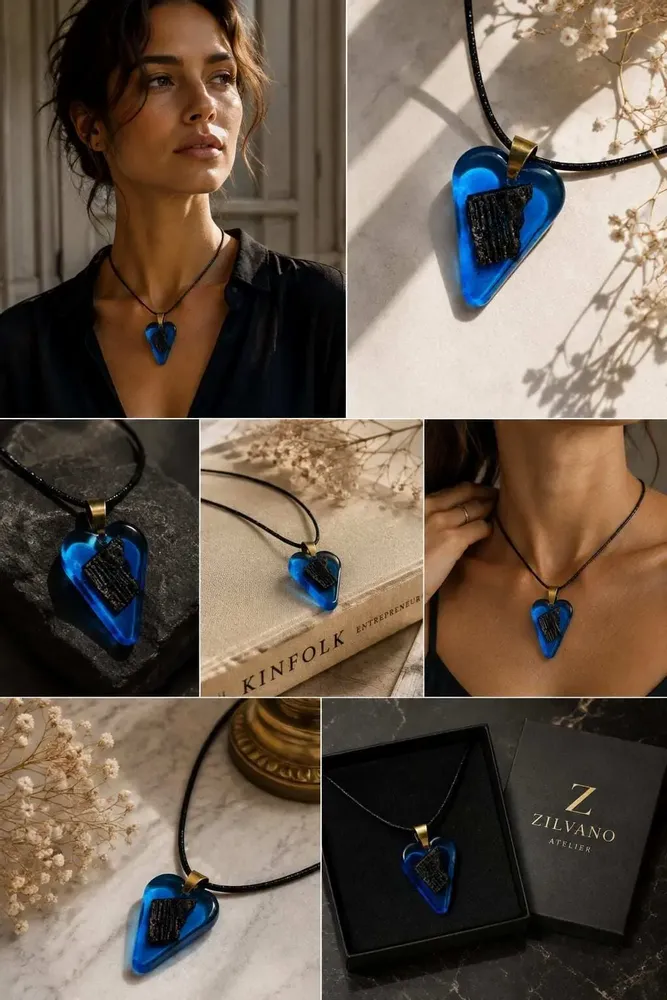 Jewelry - Bog Oak & Resin Pendant Necklace – Heart, 38x26x6 mm – Blue Heart - GLASS4CANDLES