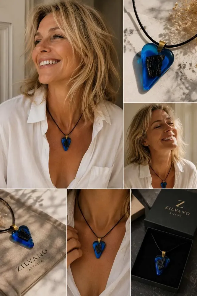 Jewelry - Bog Oak & Resin Pendant Necklace – Heart, 38x26x6 mm – Blue Heart - GLASS4CANDLES
