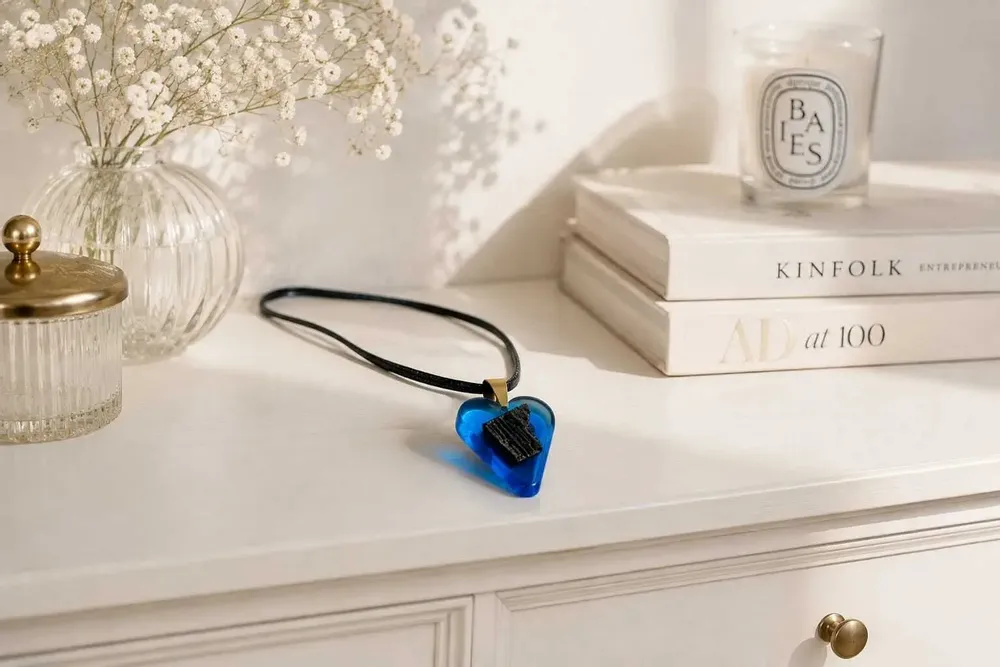 Jewelry - Bog Oak & Resin Pendant Necklace – Heart, 38x26x6 mm – Blue Heart - GLASS4CANDLES