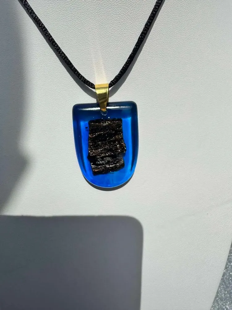 Jewelry - Bog Oak & Resin Pendant Necklace – Shield, 37x26x6 mm – Blue Shield - GLASS4CANDLES
