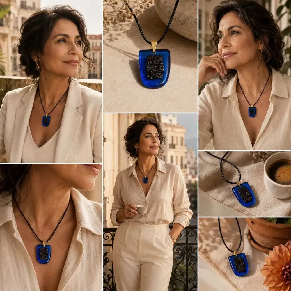 Jewelry - Bog Oak & Resin Pendant Necklace – Shield, 37x26x6 mm – Blue Shield - GLASS4CANDLES