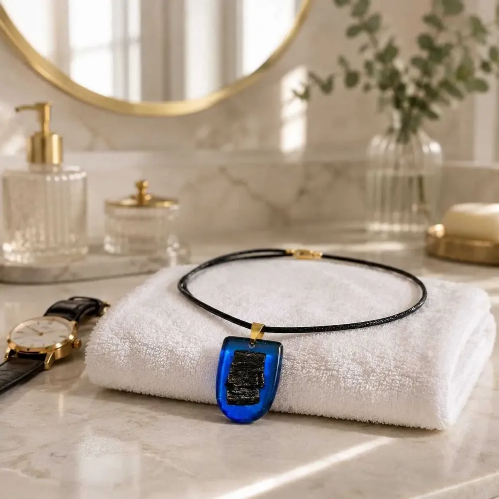 Jewelry - Bog Oak & Resin Pendant Necklace – Shield, 37x26x6 mm – Blue Shield - GLASS4CANDLES