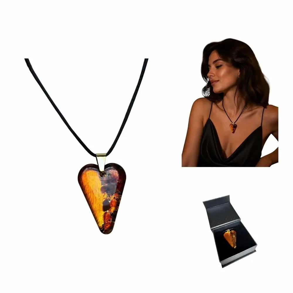 Jewelry - Bog Oak & Amber Pendant Necklace – Heart, 38x26x6 mm – Natural Heart - GLASS4CANDLES