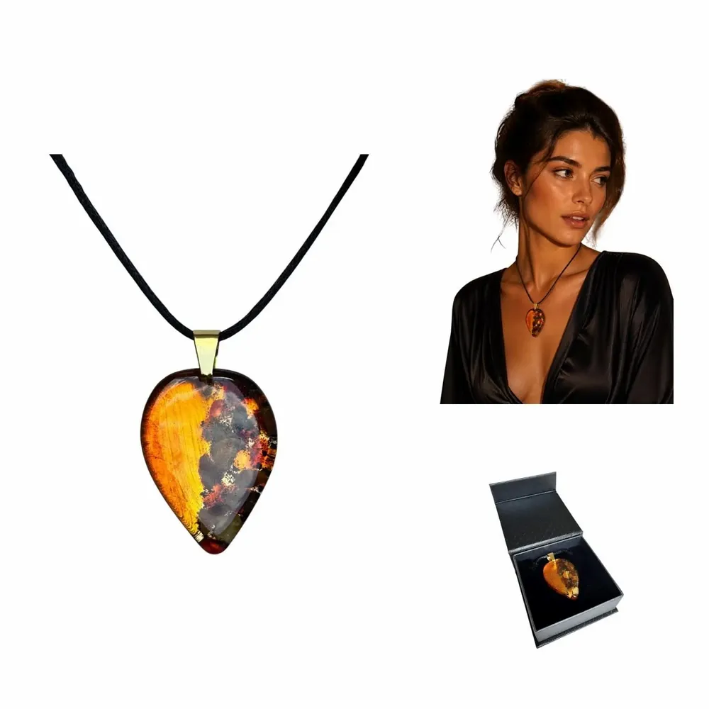 Jewelry - Bog Oak & Amber Pendant Necklace – Drop, 37x26x6 mm – Natural Droplet - GLASS4CANDLES
