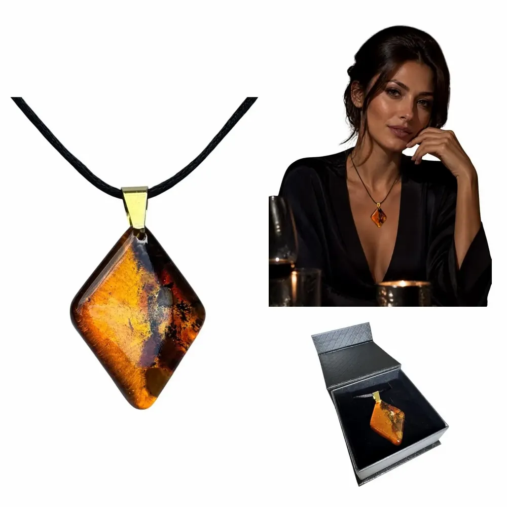 Jewelry - Bog Oak & Baltic Amber Pendant Necklace – Diamond – Natural Geometric - GLASS4CANDLES