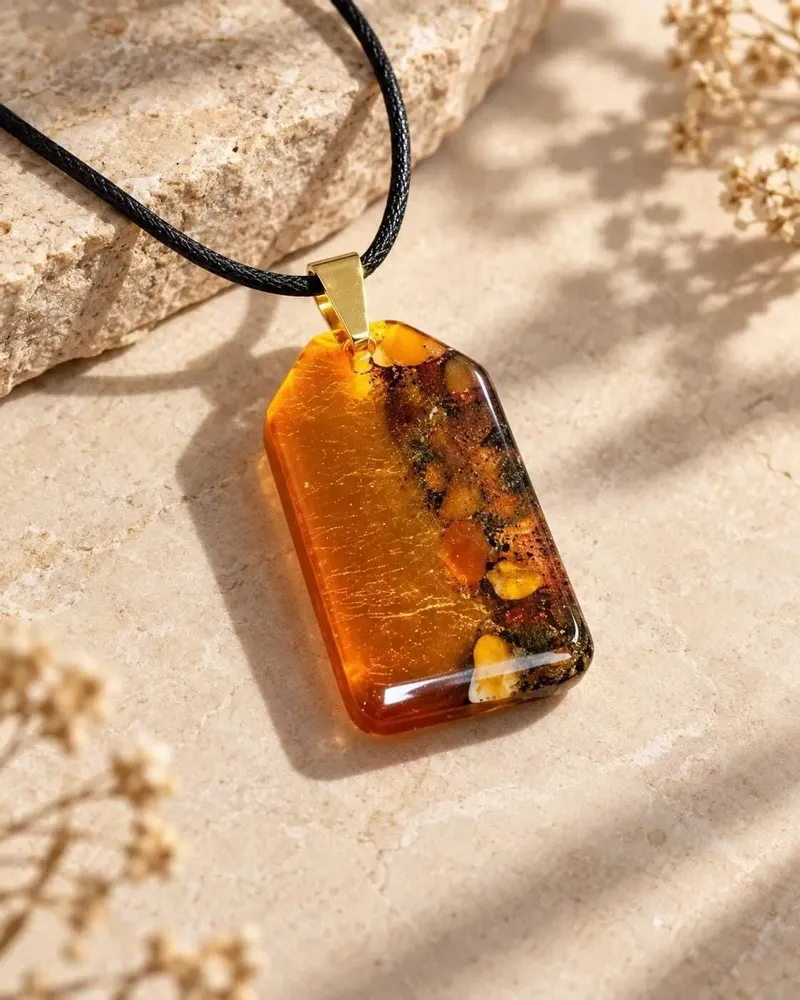 Jewelry - Bog Oak & Amber Pendant Necklace – Natural Peaked Rectangle - GLASS4CANDLES