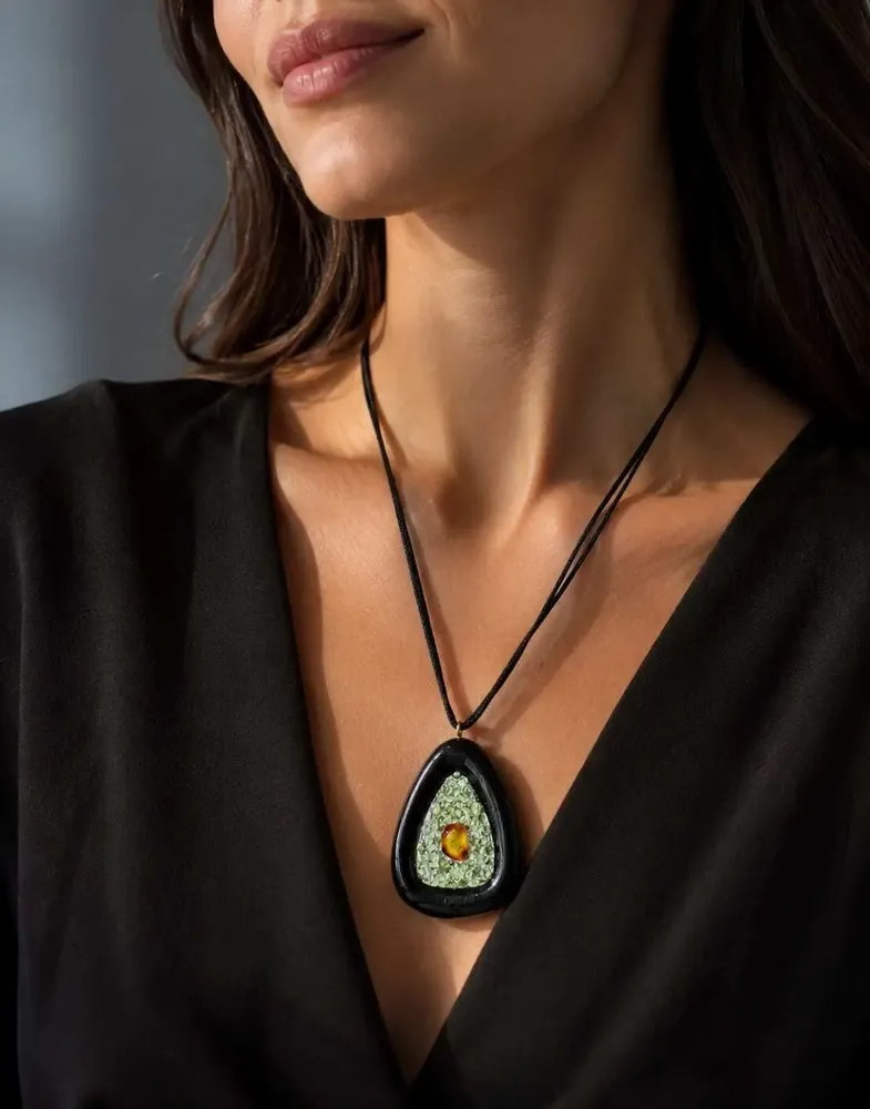 Jewelry - Bog Oak & Baltic Amber Pendant – Shield, 39x24x6 mm - GLASS4CANDLES