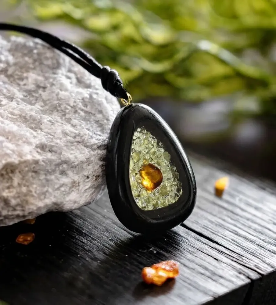 Jewelry - Bog Oak & Baltic Amber Pendant – Shield, 39x24x6 mm - GLASS4CANDLES