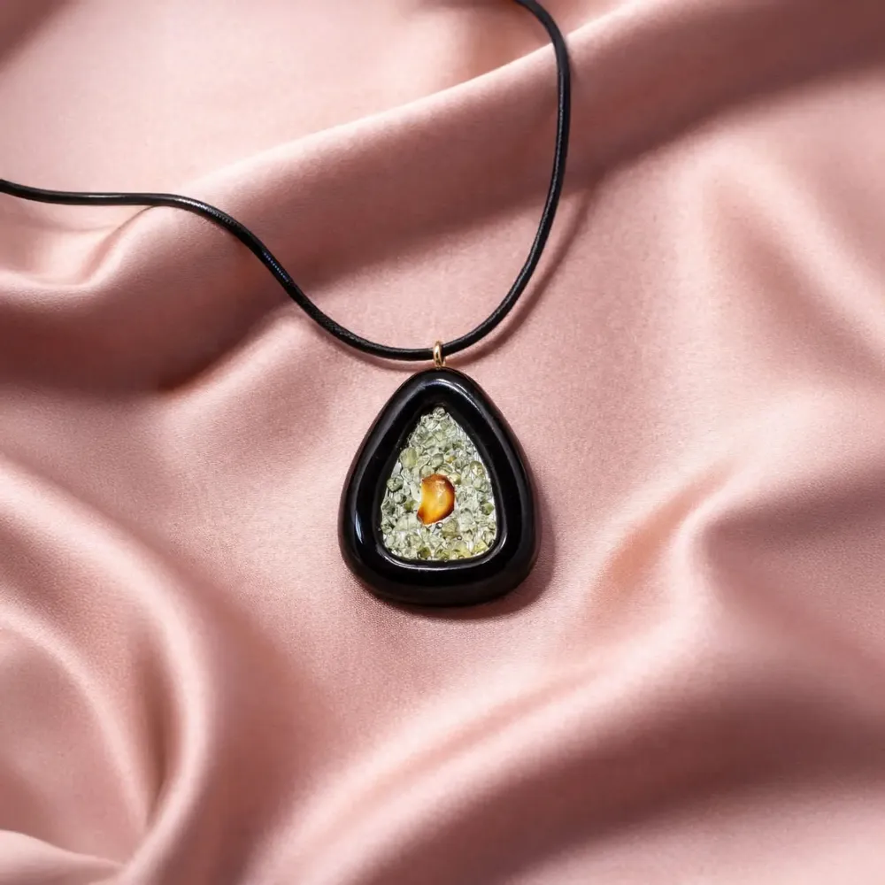 Jewelry - Bog Oak & Baltic Amber Pendant – Shield, 39x24x6 mm - GLASS4CANDLES