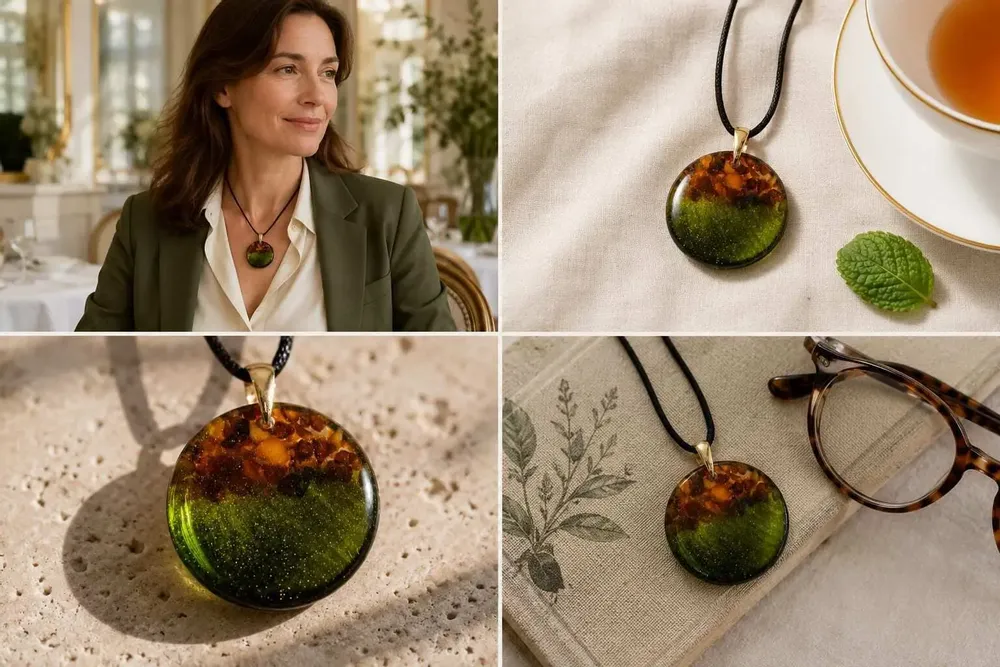 Jewelry - Baltic Amber & Resin Pendant – Round, 39x38x6 mm – Emerald Reverie - GLASS4CANDLES