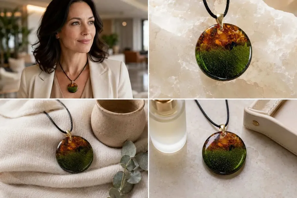 Jewelry - Baltic Amber & Resin Pendant – Round, 39x38x6 mm – Emerald Reverie - GLASS4CANDLES