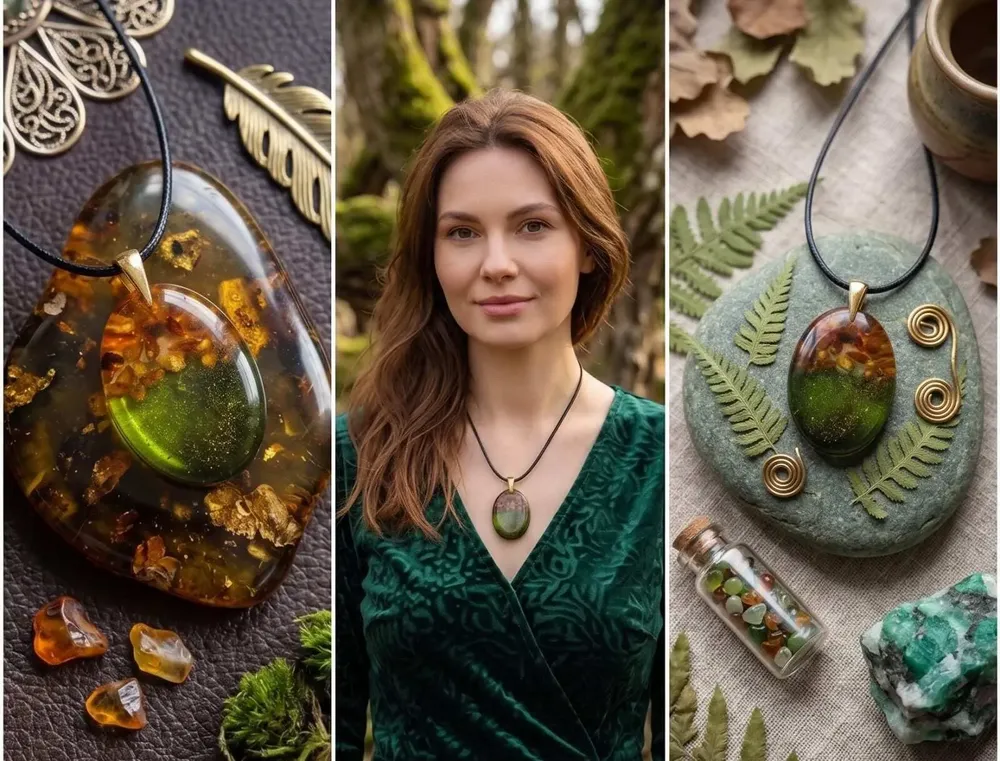 Jewelry - Baltic Amber & Resin Pendant – Oval, 37x28x6 mm – Emerald Reverie - GLASS4CANDLES