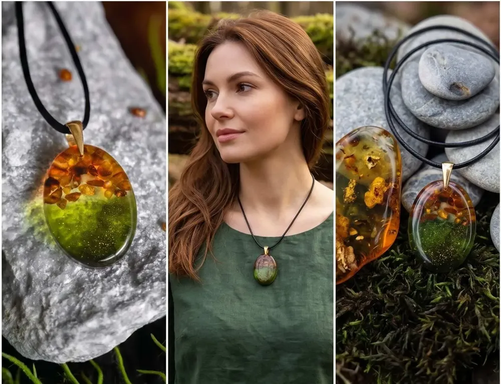 Jewelry - Baltic Amber & Resin Pendant – Oval, 37x28x6 mm – Emerald Reverie - GLASS4CANDLES