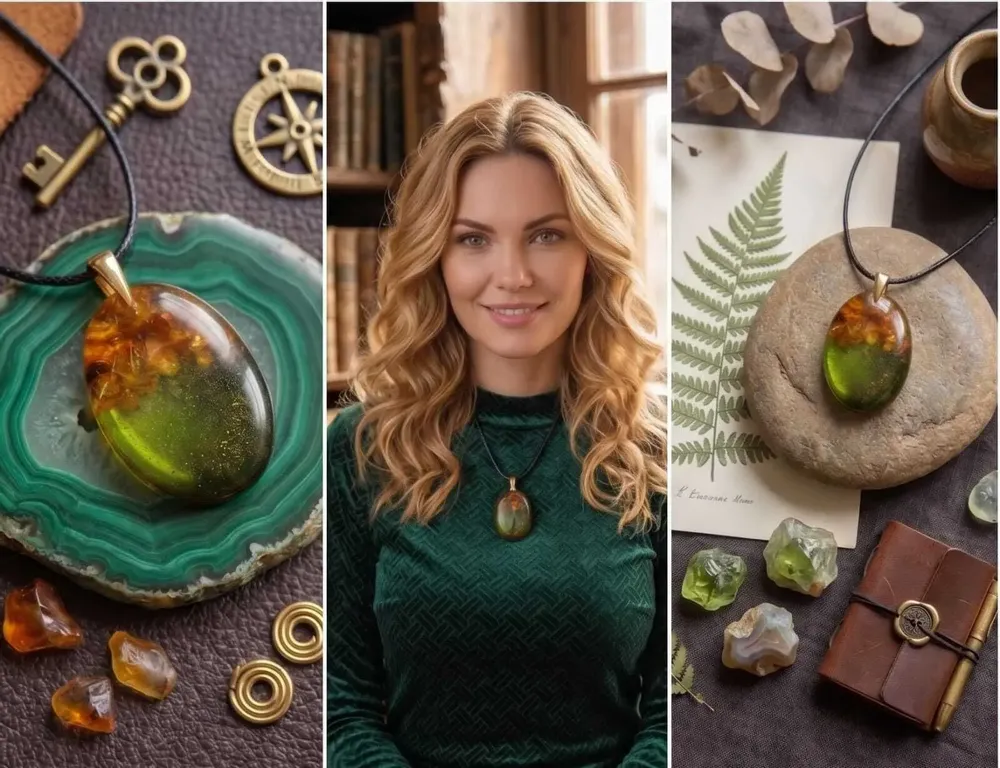 Jewelry - Baltic Amber & Resin Pendant – Oval, 37x28x6 mm – Emerald Reverie - GLASS4CANDLES