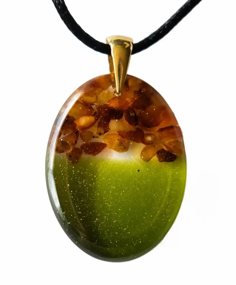 Jewelry - Baltic Amber & Resin Pendant – Oval, 37x28x6 mm – Emerald Reverie - GLASS4CANDLES