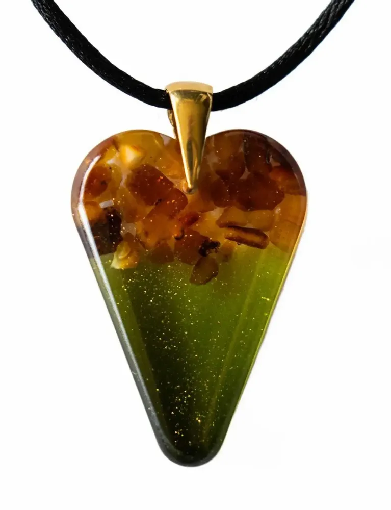 Jewelry - Baltic Amber & Resin Pendant – Heart, 38x26x6 mm – Emerald Reverie - GLASS4CANDLES