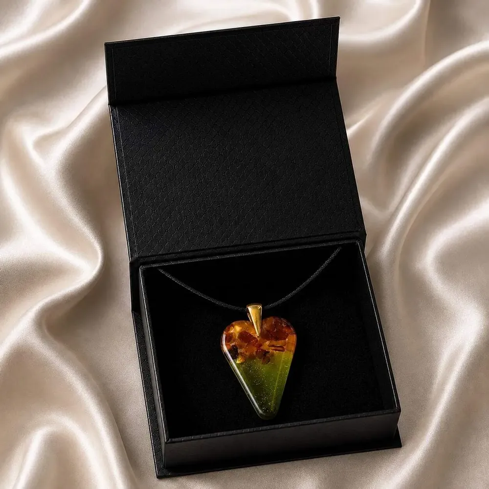 Jewelry - Baltic Amber & Resin Pendant – Heart, 38x26x6 mm – Emerald Reverie - GLASS4CANDLES
