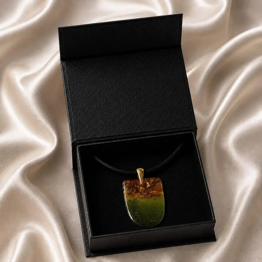 Jewelry - Baltic Amber & Resin Pendant – Shield, 37x26x6 mm – Emerald Reverie - GLASS4CANDLES