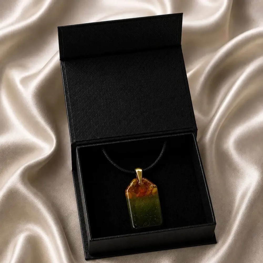 Jewelry - Baltic Amber & Resin Pendant – Rectangle, 40x23x6 mm – Emerald Reverie - GLASS4CANDLES