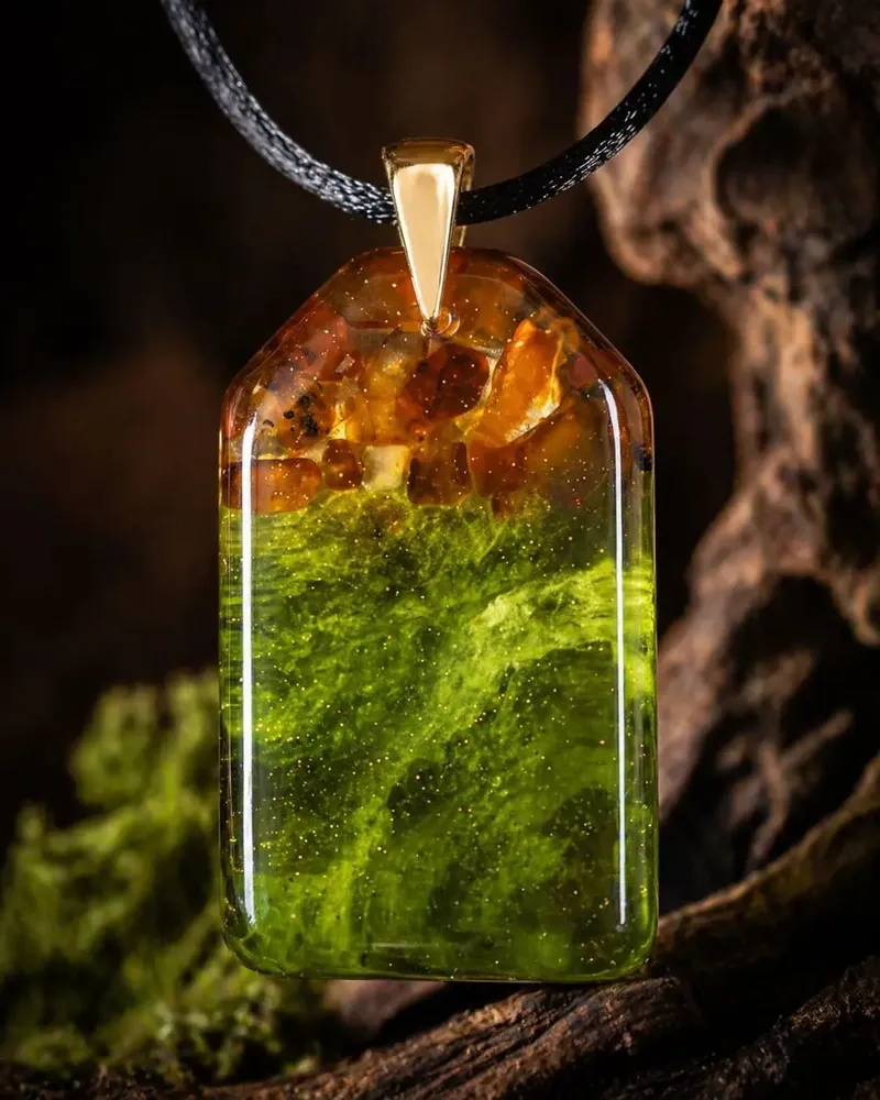 Jewelry - Baltic Amber & Resin Pendant – Rectangle, 40x23x6 mm – Emerald Reverie - GLASS4CANDLES