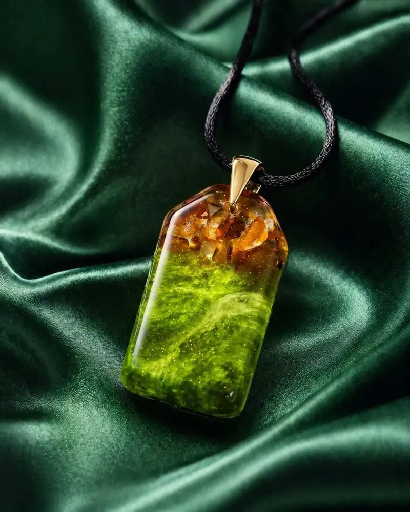 Jewelry - Baltic Amber & Resin Pendant – Rectangle, 40x23x6 mm – Emerald Reverie - GLASS4CANDLES
