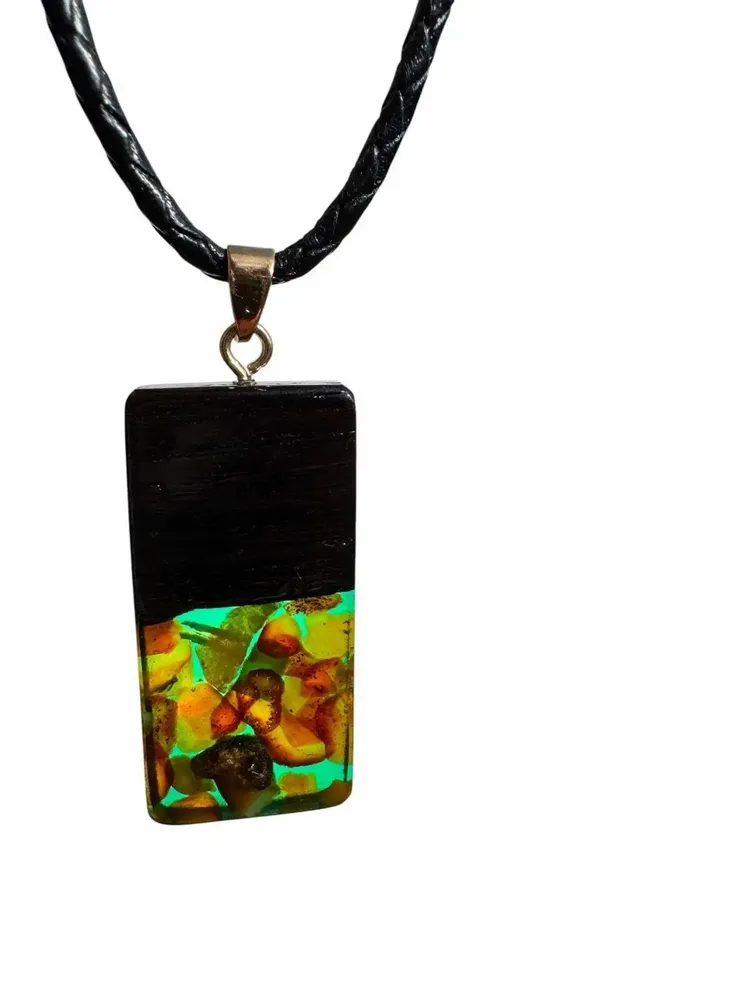 Jewelry - Bog Oak & Baltic Amber Pendant – Rectangle – Sapphire Monolith Bar - GLASS4CANDLES