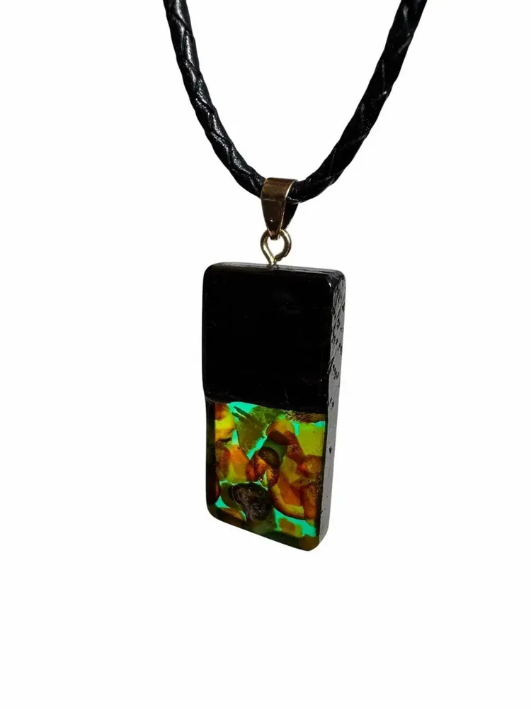 Jewelry - Bog Oak & Baltic Amber Pendant – Rectangle – Sapphire Monolith Bar - GLASS4CANDLES