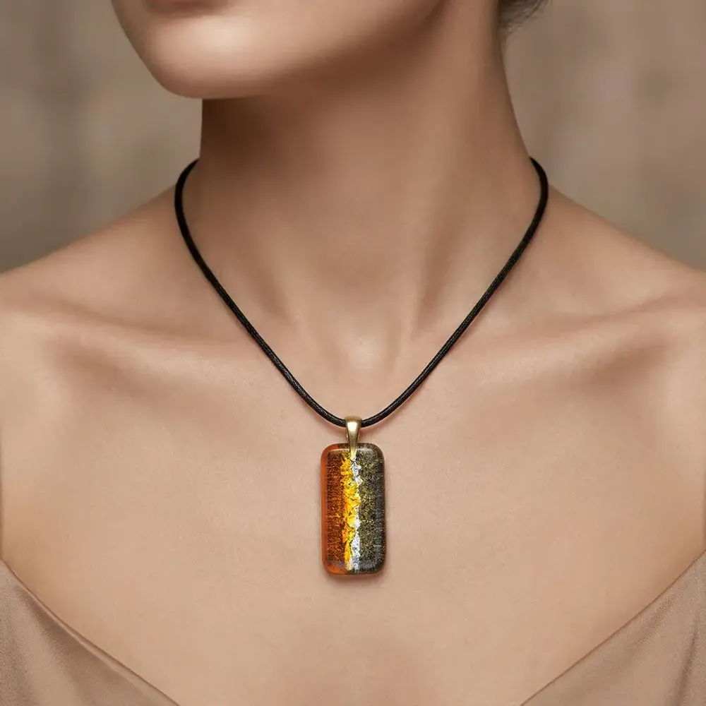 Jewelry - Bog Oak & Gold-Tone Leaf Pendant – Rectangle, 38x18x6 mm – Golden Eon - GLASS4CANDLES