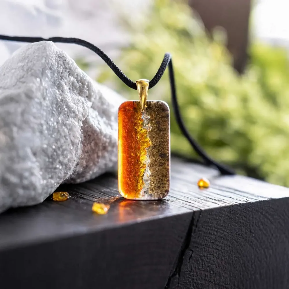 Jewelry - Bog Oak & Gold-Tone Leaf Pendant – Rectangle, 38x18x6 mm – Golden Eon - GLASS4CANDLES