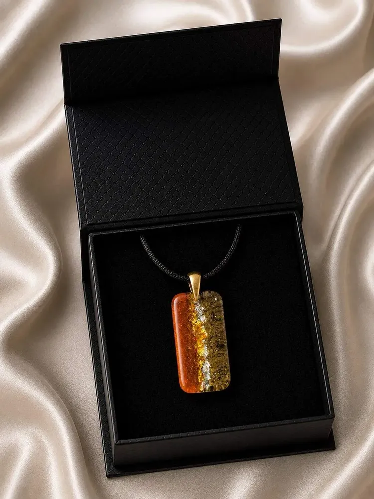Jewelry - Bog Oak & Gold-Tone Leaf Pendant – Rectangle, 38x18x6 mm – Golden Eon - GLASS4CANDLES