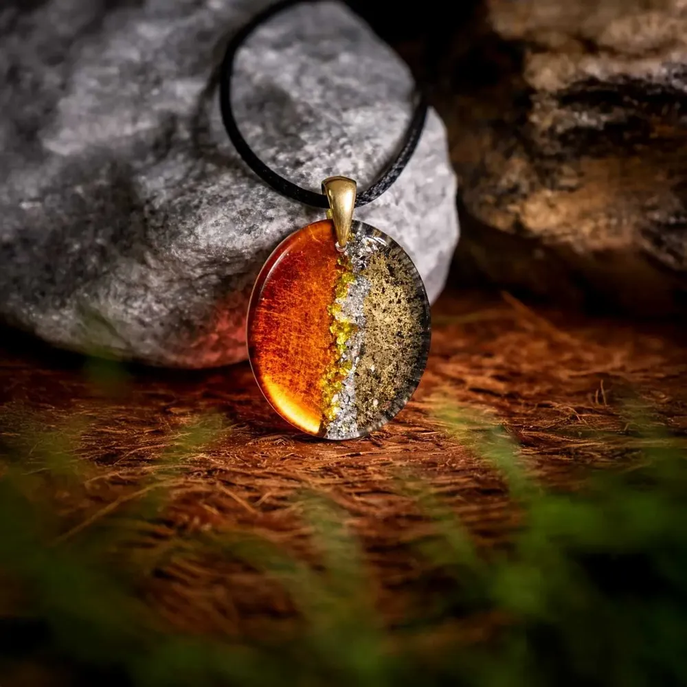 Jewelry - Bog Oak & Gold-Tone Leaf Pendant – Oval, 37x28x6 mm – Golden Eon - GLASS4CANDLES