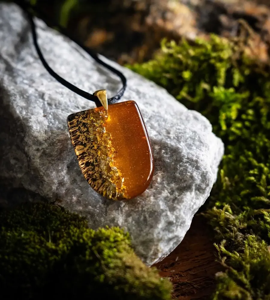 Jewelry - Bog Oak & Gold-Tone Leaf Pendant – Shield, 37x26x6 mm – Golden Eon - GLASS4CANDLES