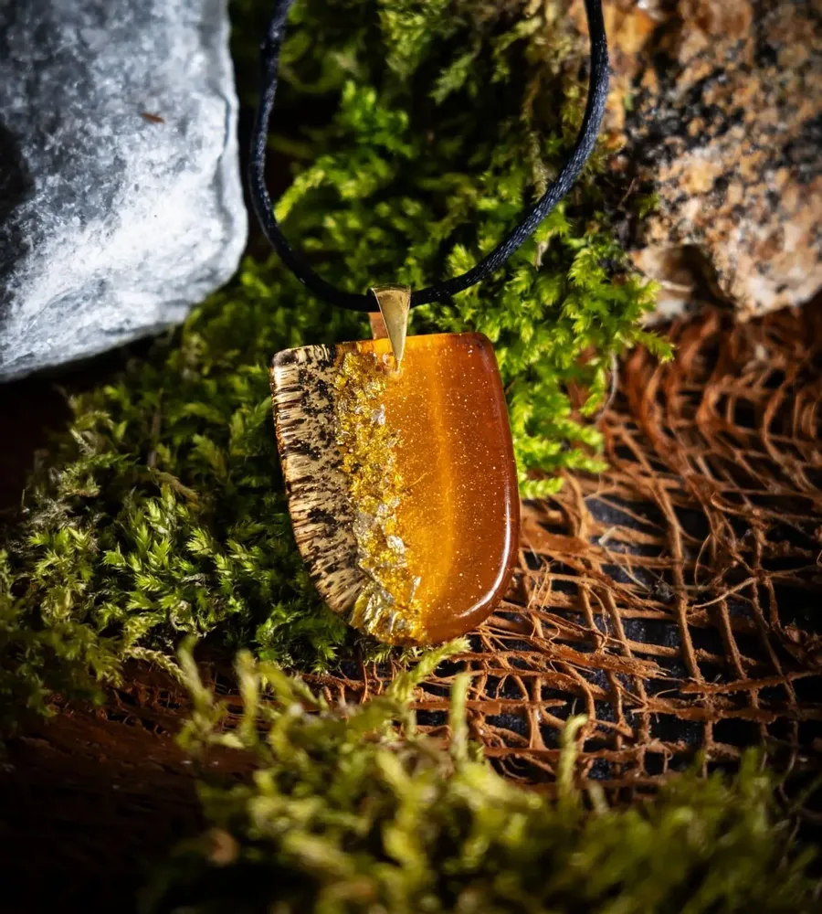 Jewelry - Bog Oak & Gold-Tone Leaf Pendant – Shield, 37x26x6 mm – Golden Eon - GLASS4CANDLES