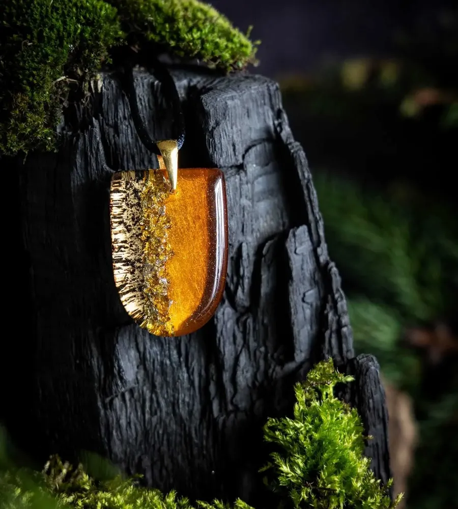 Jewelry - Bog Oak & Gold-Tone Leaf Pendant – Shield, 37x26x6 mm – Golden Eon - GLASS4CANDLES