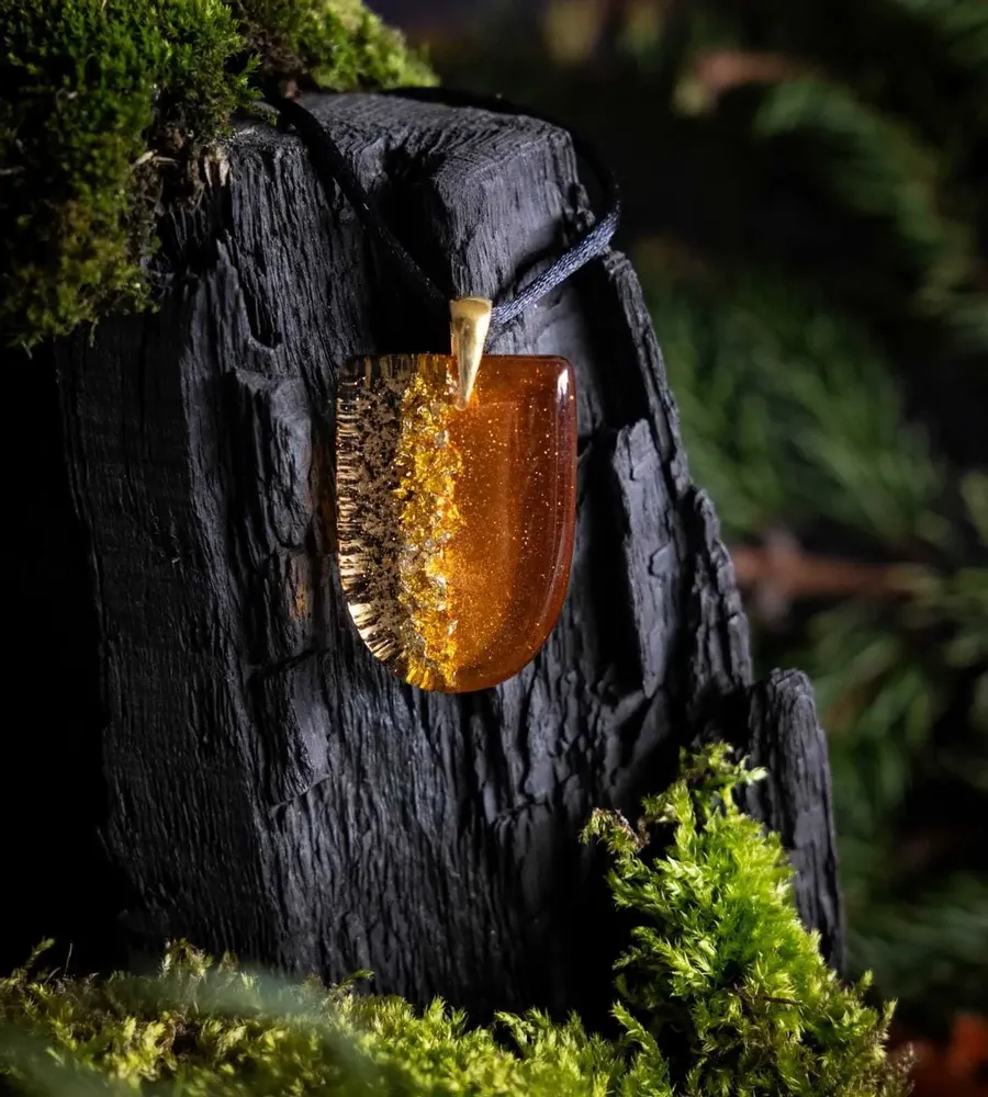 Jewelry - Bog Oak & Gold-Tone Leaf Pendant – Shield, 37x26x6 mm – Golden Eon - GLASS4CANDLES