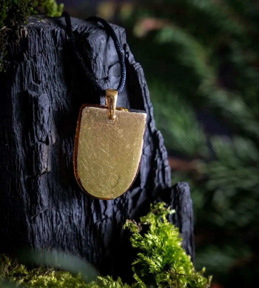 Jewelry - Bog Oak & Gold-Tone Leaf Pendant – Shield, 37x26x6 mm – Golden Eon - GLASS4CANDLES