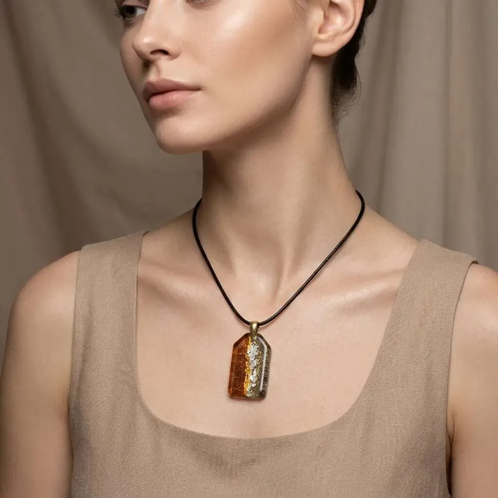 Jewelry - Bog Oak & Gold-Tone Leaf Pendant – Rectangle, 40x23x6 mm – Golden Eon - GLASS4CANDLES
