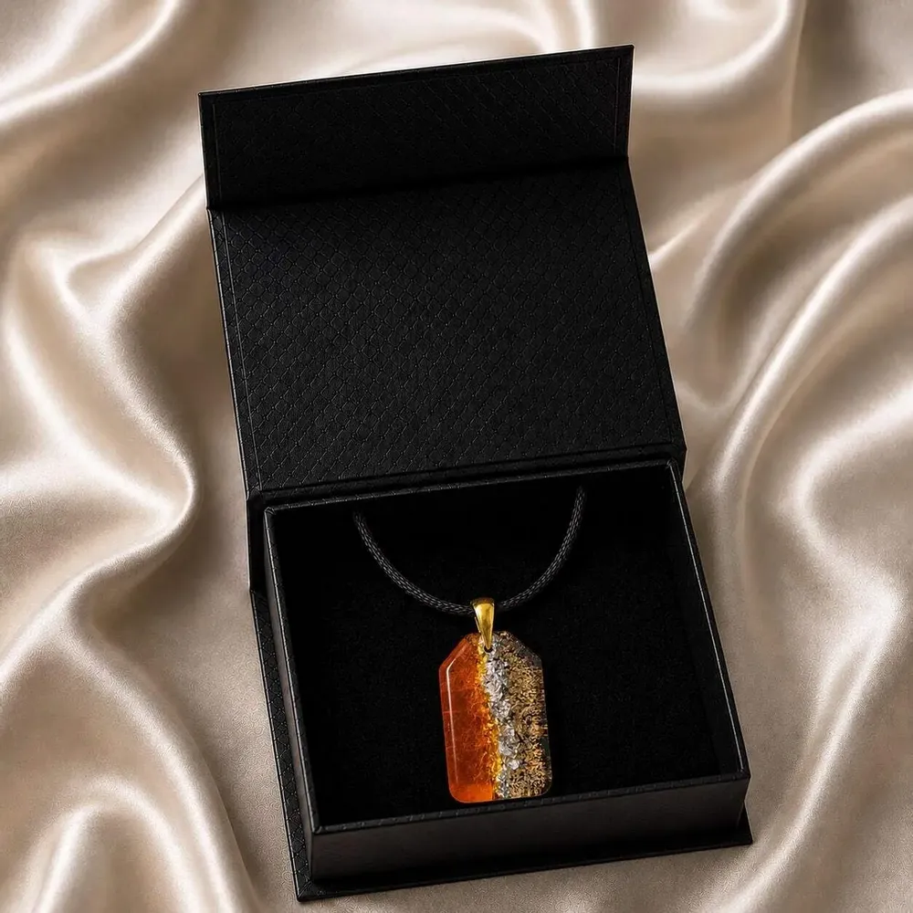 Jewelry - Bog Oak & Gold-Tone Leaf Pendant – Rectangle, 40x23x6 mm – Golden Eon - GLASS4CANDLES